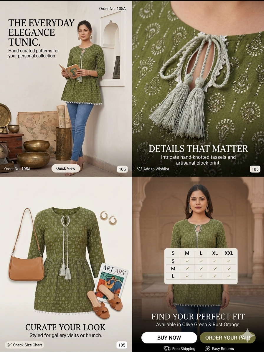 Olive Green Jaipuri Print Peplum Tunic – Elegant Cotton Kurti with Tassel Detail