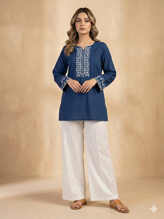 Ethnic Maroon Short Kurti - Floral Embroidery Neck
