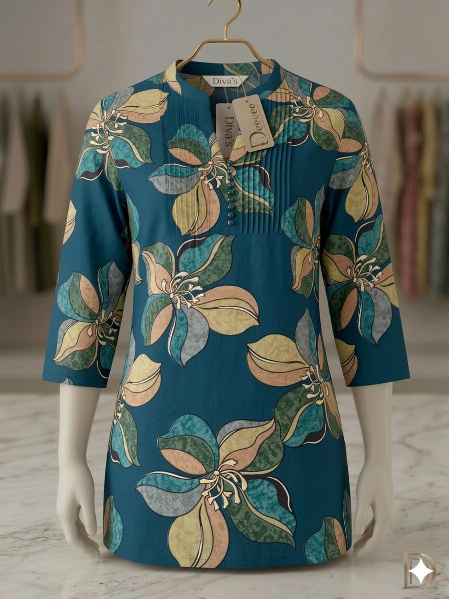 Elegant Teal Blue Floral Printed Cotton Kurti – Stylish Mandarin Neck Ethnic Wear