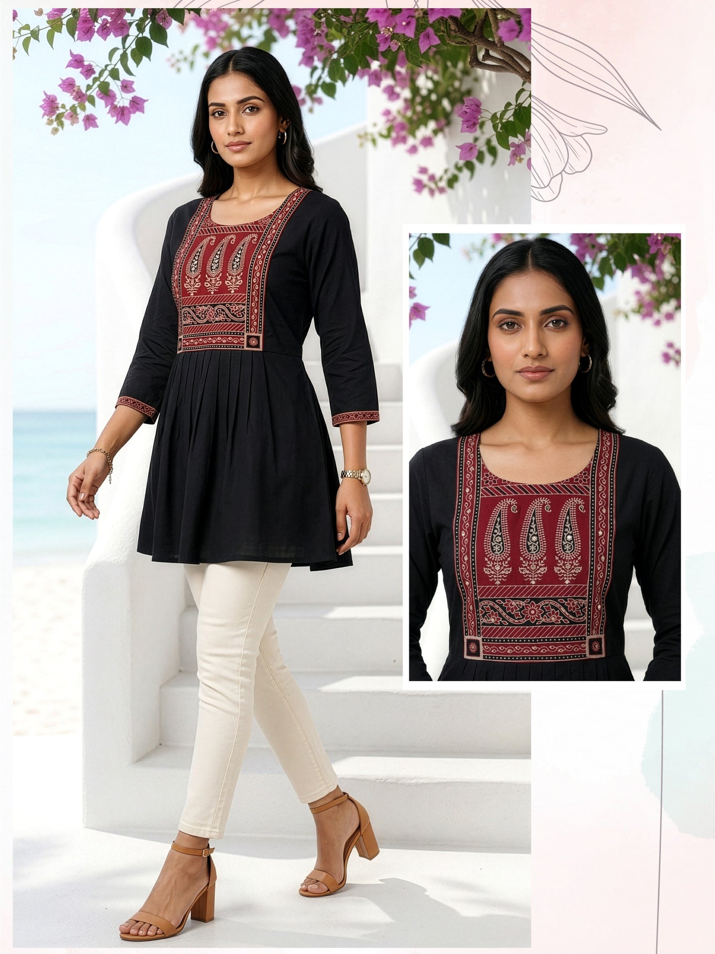 Premium Black Cotton Ethnic Kurti with Maroon Embroidery