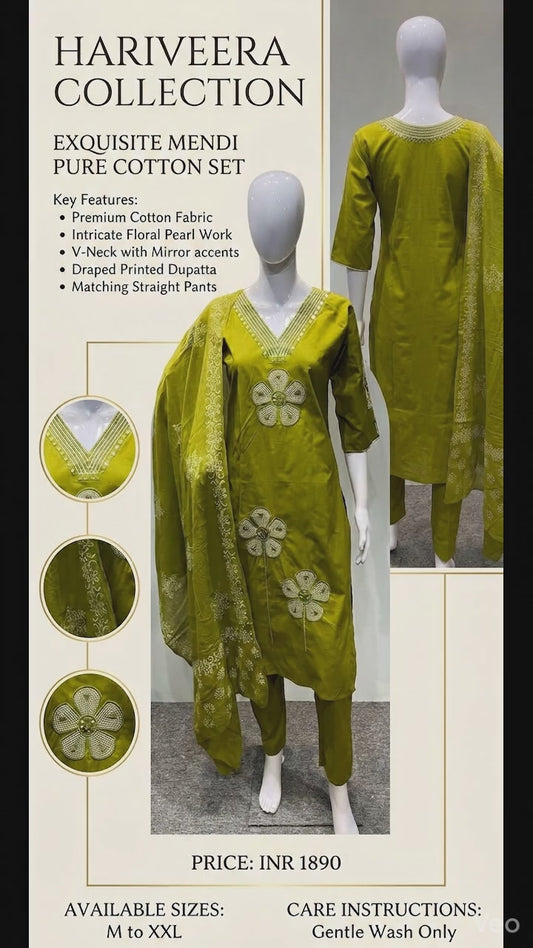 Hariveera Collection Women Mendi Green Pure Cotton Kurta with Pants & Dupatta