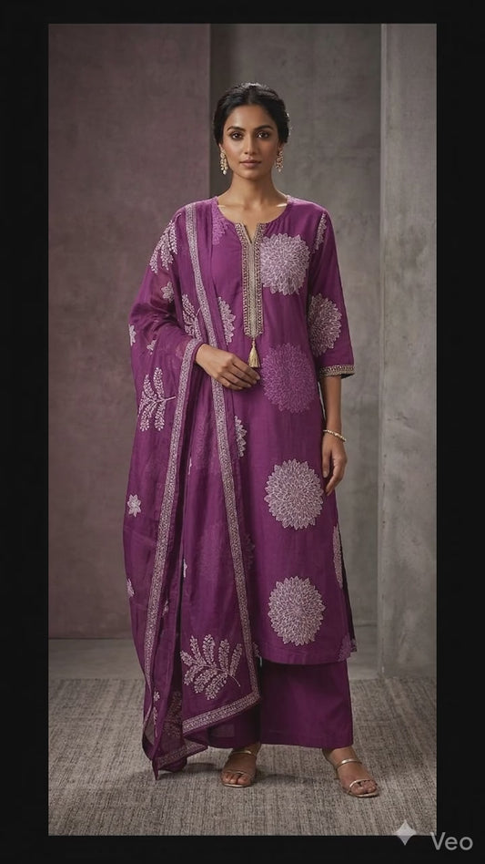 Hariveera Purple Chanderi Silk Embroidered Suit Set