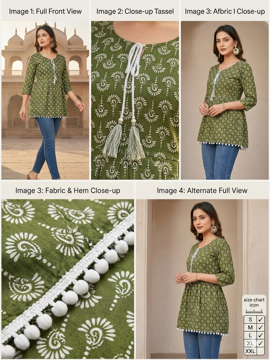 Olive Green Jaipuri Print Peplum Tunic – Elegant Cotton Kurti with Tassel Detail