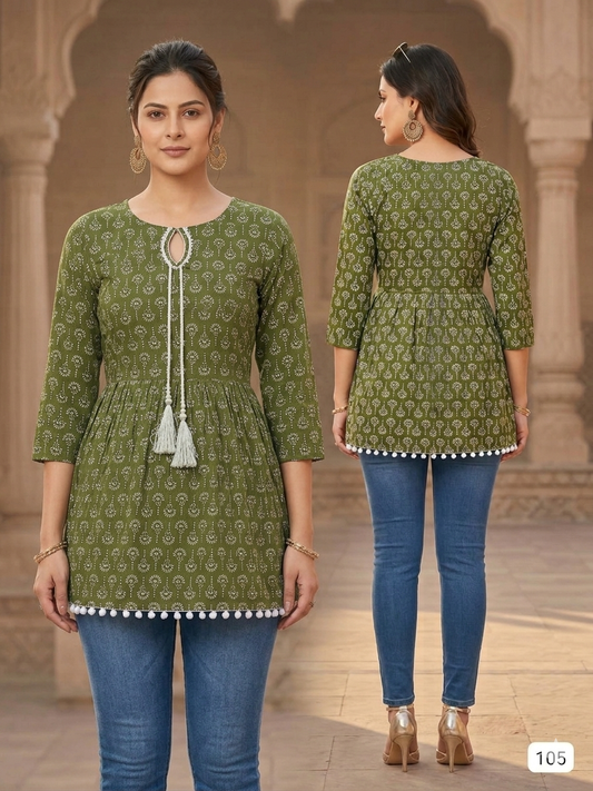 Olive Green Jaipuri Print Peplum Tunic – Elegant Cotton Kurti with Tassel Detail