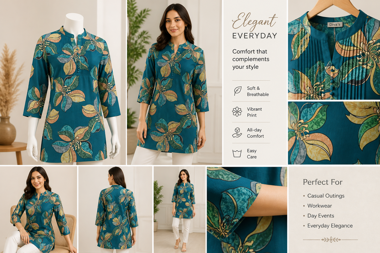 Premium Teal Floral Printed Kurti for Women | Stylish Everyday Wear | Soft & Comfortable
