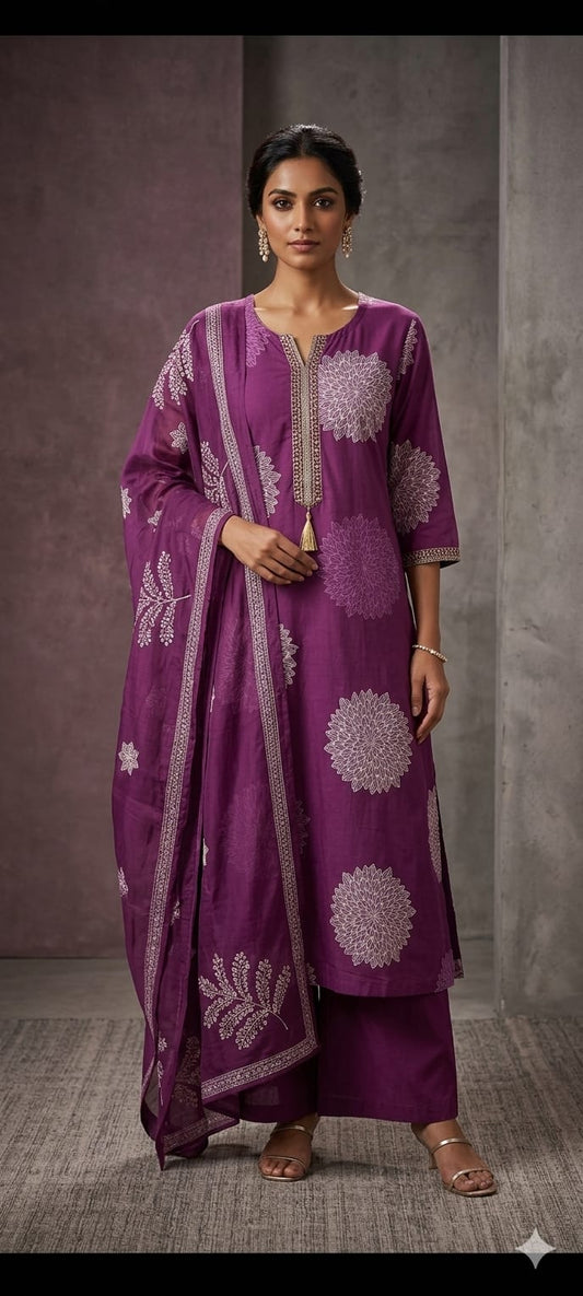 Hariveera Purple Chanderi Silk Embroidered Suit Set