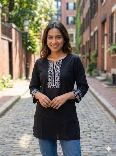 Elegant Black Cotton Kurti with White Embroidery – Classic Ethnic Wear