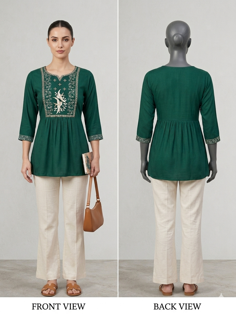 Premium Bottle Green Embroidered Tunic - Elegant Ethnic Wear