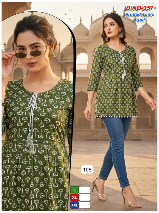 Olive Green Jaipuri Print Peplum Tunic – Elegant Cotton Kurti with Tassel Detail