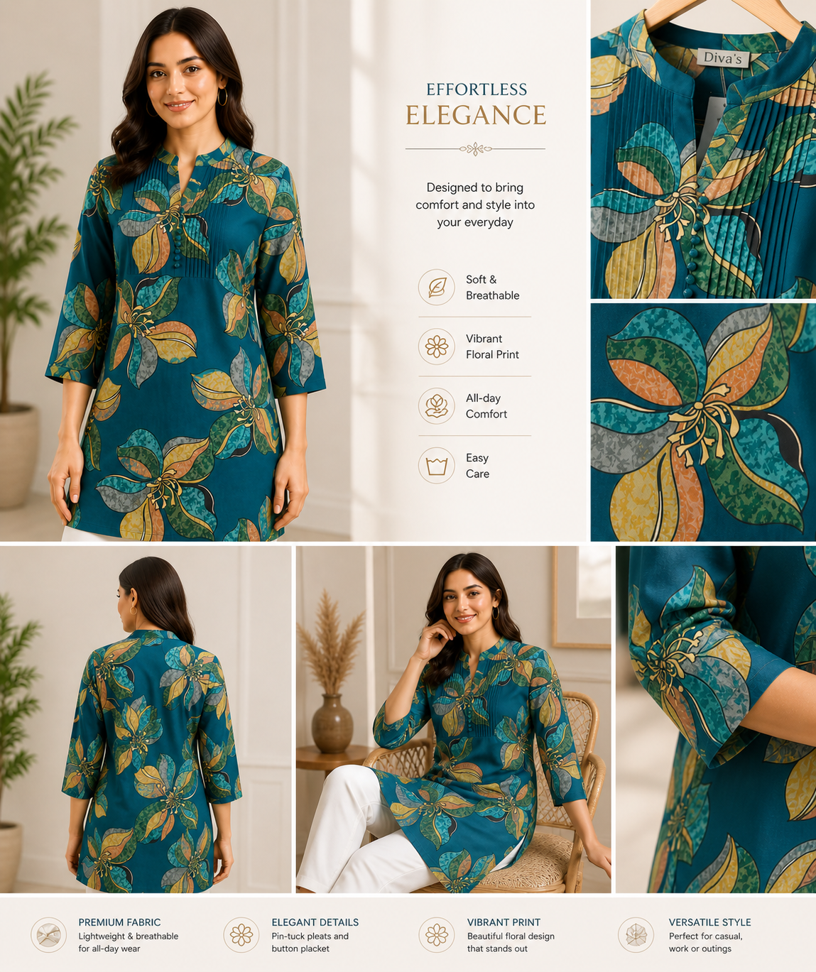 Premium Teal Floral Printed Kurti for Women | Stylish Everyday Wear | Soft & Comfortable