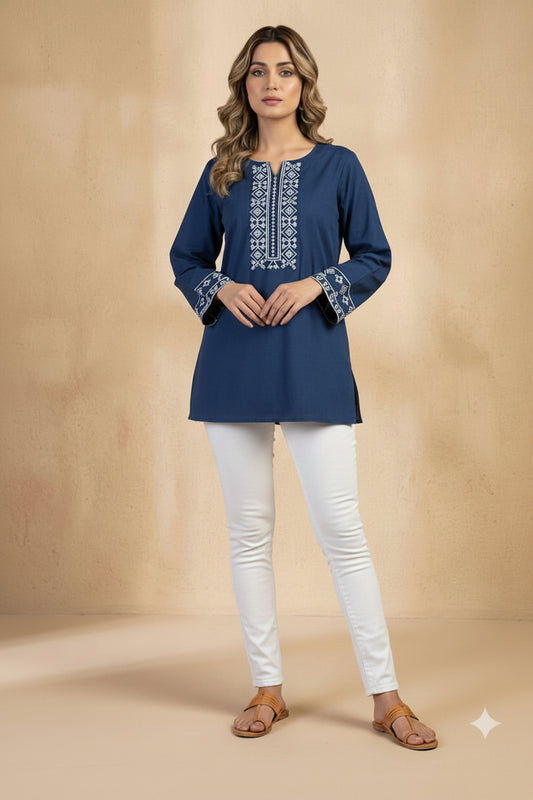 Ethnic Maroon Short Kurti - Floral Embroidery Neck