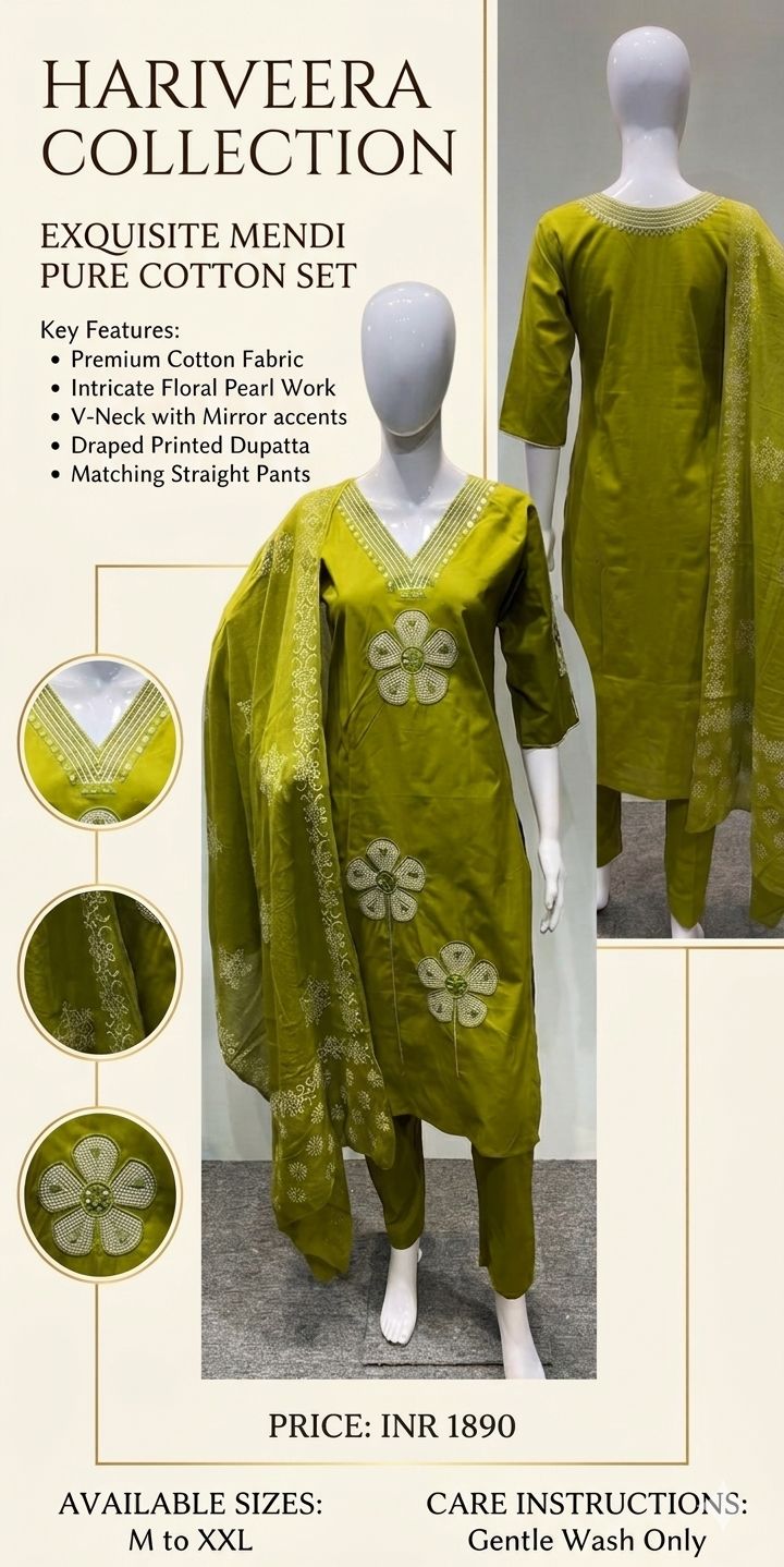 Hariveera Collection Women Mendi Green Pure Cotton Kurta with Pants & Dupatta