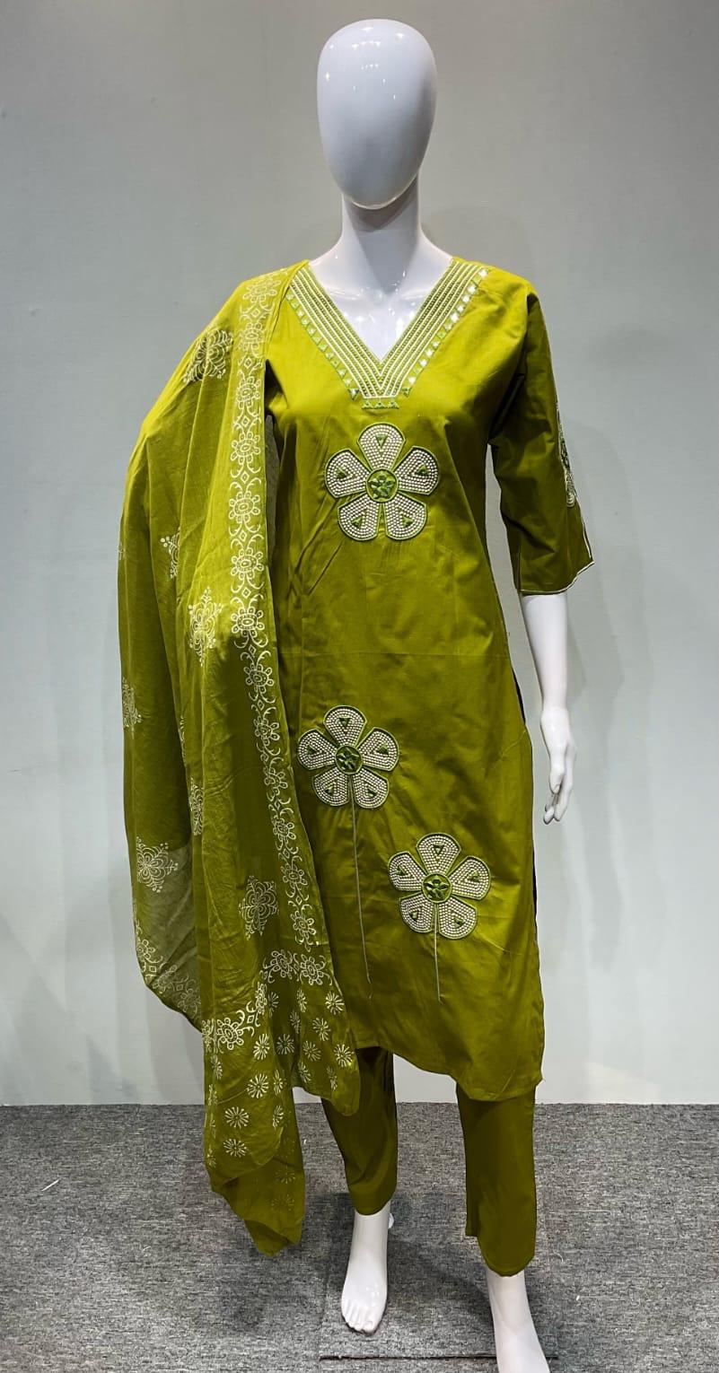 Hariveera Collection Women Mendi Green Pure Cotton Kurta with Pants & Dupatta