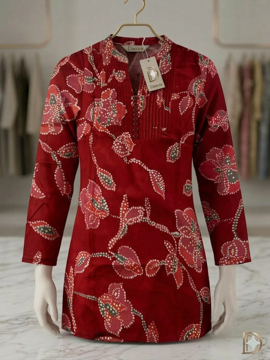 Elegant Maroon Floral Print Cotton Kurti – Hand-Block Inspired Ethnic Wear