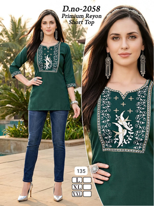 Premium Bottle Green Embroidered Tunic - Elegant Ethnic Wear