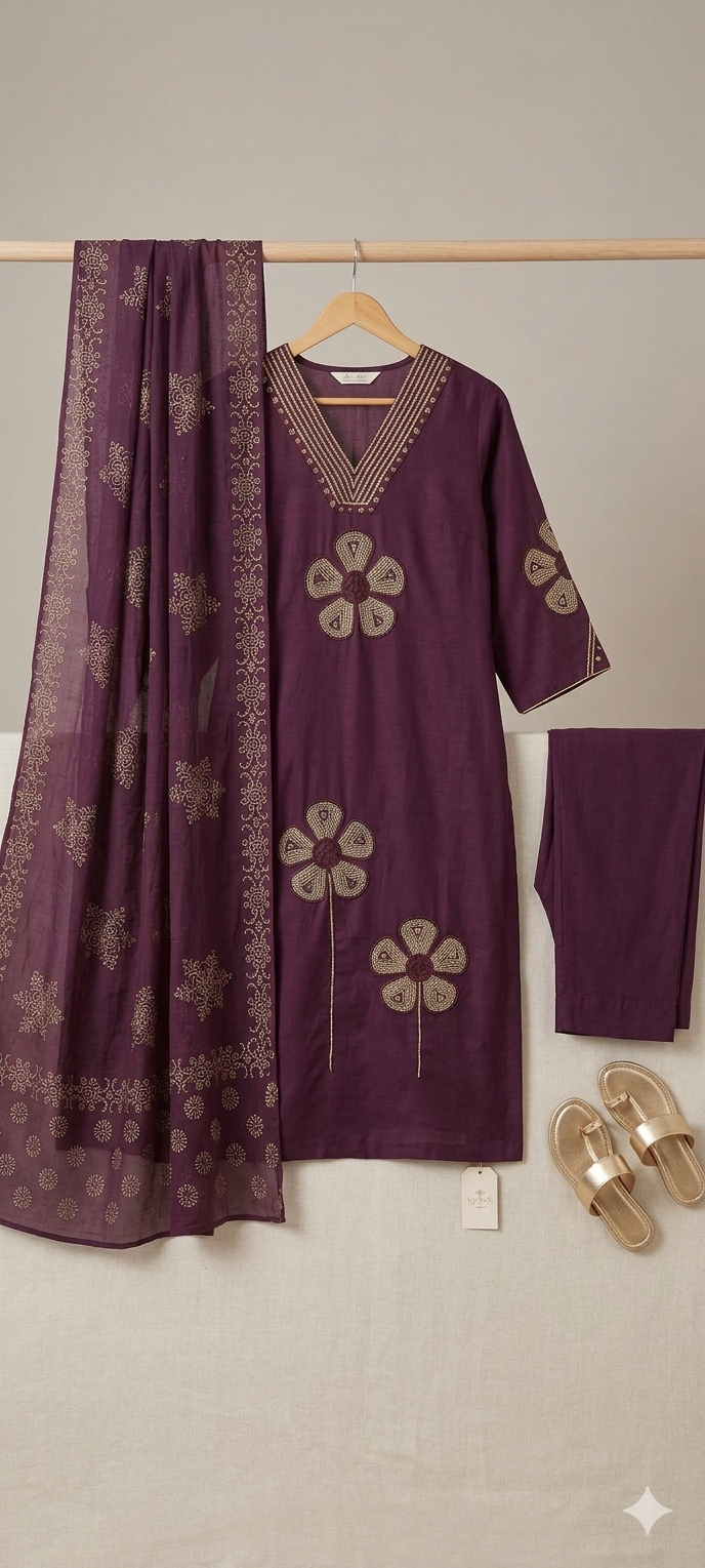 Plum Purple Silk Suit with Printed Dupatta & Pants