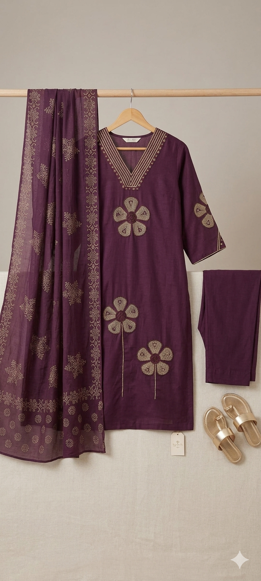 Plum Purple Silk Suit with Printed Dupatta & Pants
