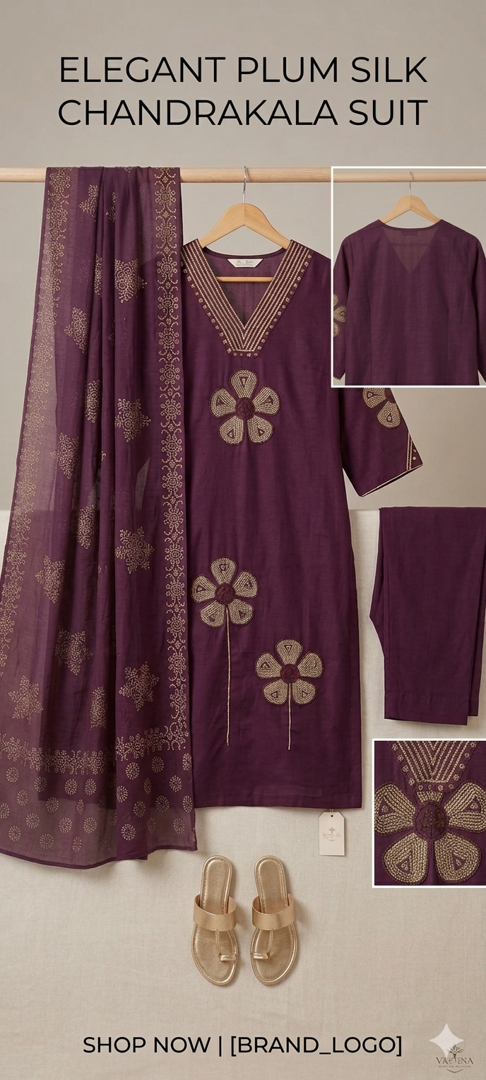 Plum Purple Silk Suit with Printed Dupatta & Pants