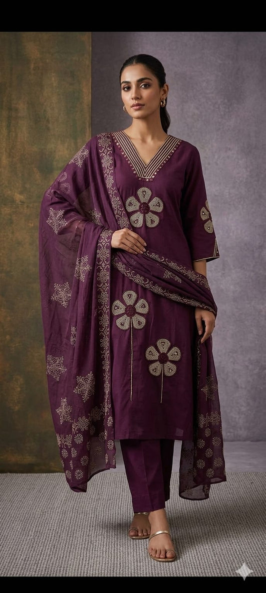 Plum Purple Silk Suit with Printed Dupatta & Pants