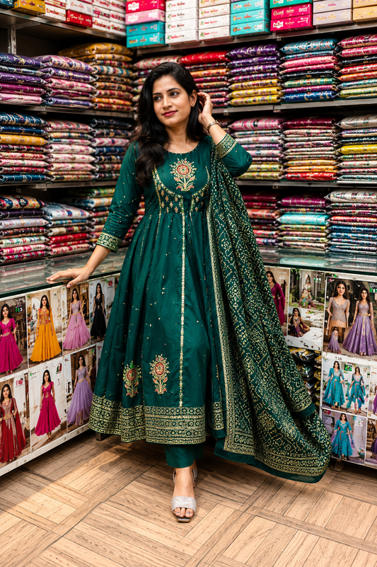 "Royal Green Designer Kurta with Palazzo & Dupatta"